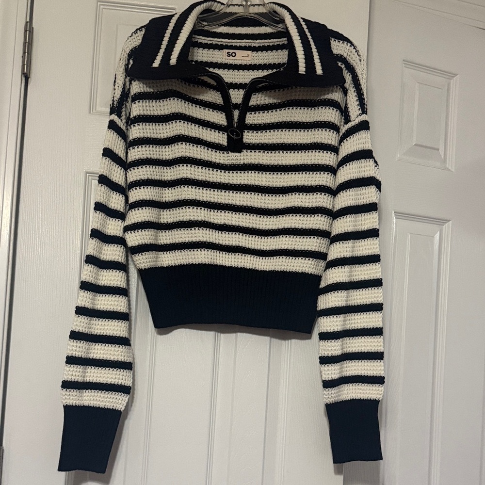 SO Black and White Striped Half-Zip Collared Pullover Sweater. Size US M.